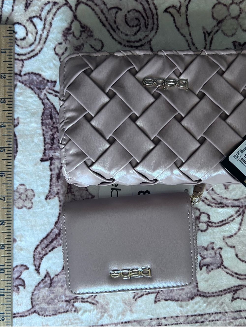 Bebe leather Woven Crossbody and Wallet Set in champagne , beige, neutral color.